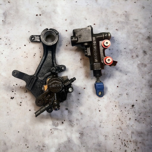 DIRT BIKE COMPLETE REAR BRAKE MASTER CYLINDER, CALIPER, AND HANGER (SERVICE WORK)